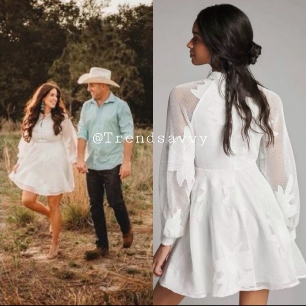 Anthropologie Mare Mare Sabine White Embroidered Mini Dress XS Puff Sleeve Party